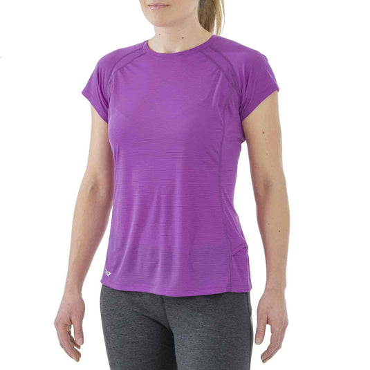 outdoor research echo tee womens ultraviolet elderberry on body front