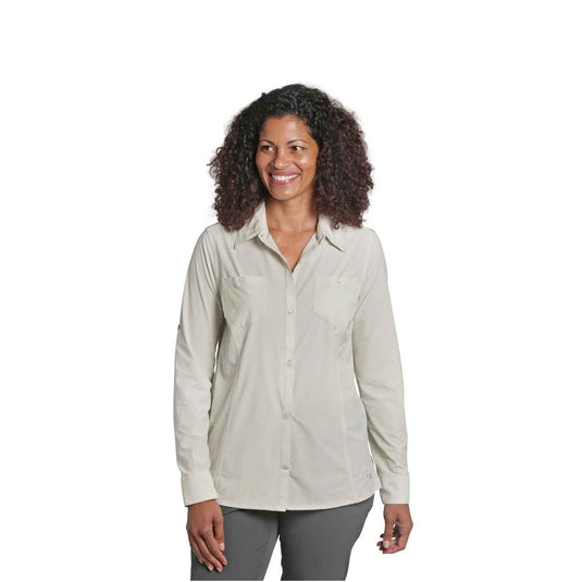 outdoor research wayward ls shirt womens sand on body 1