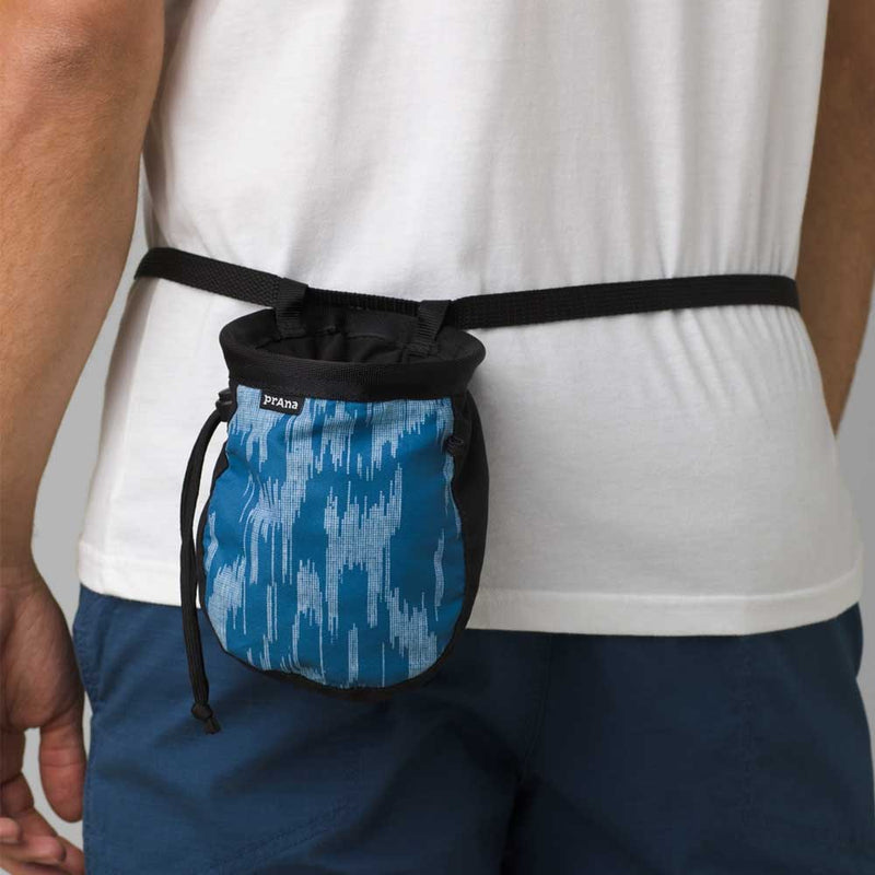 Load image into Gallery viewer, prana graphic climbing chalkbag with belt black ikat
