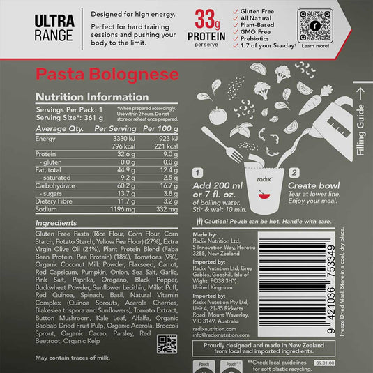 Radix Nutrition Pasta Bolognese (Plant-Based) - Ultra 800