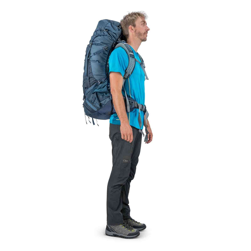 Load image into Gallery viewer, osprey atmos 65 mens hiking pack on body
