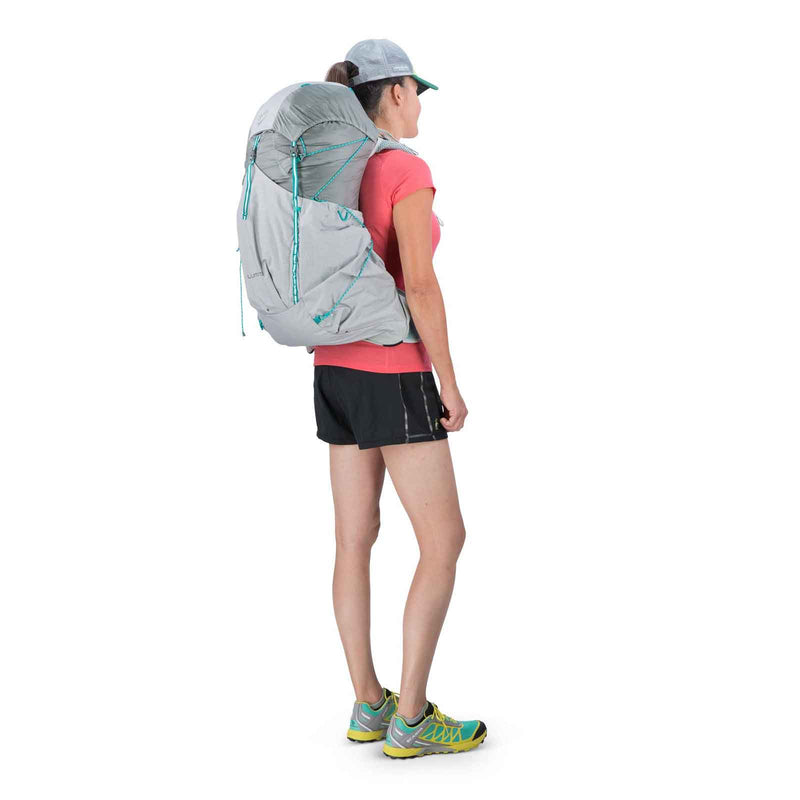 Load image into Gallery viewer, osprey lumina 45l womens ultralight hiking pack on body back
