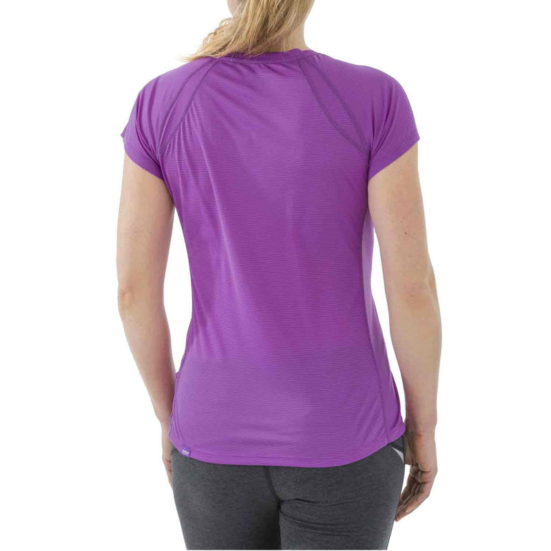 Load image into Gallery viewer, outdoor research echo tee womens ultra violet elderberry on body back
