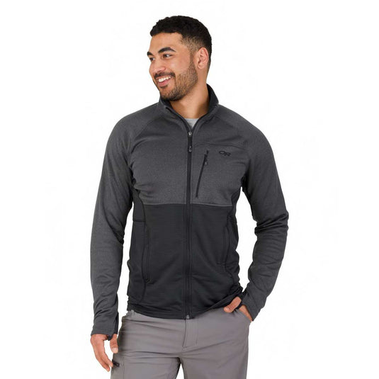 outdoor research mens vigor full zip fleece jacket on body