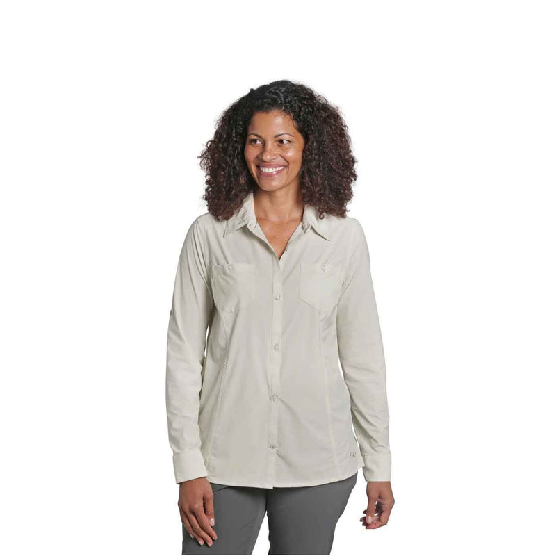 Load image into Gallery viewer, outdoor research wayward ls shirt womens sand on body 1

