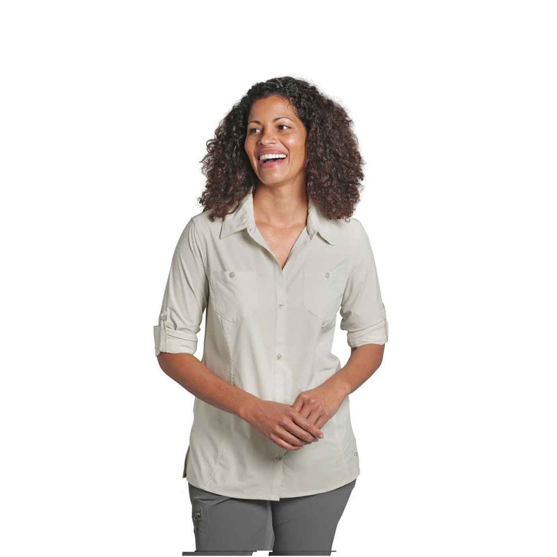 Load image into Gallery viewer, outdoor research wayward ls shirt womens sand on body 3
